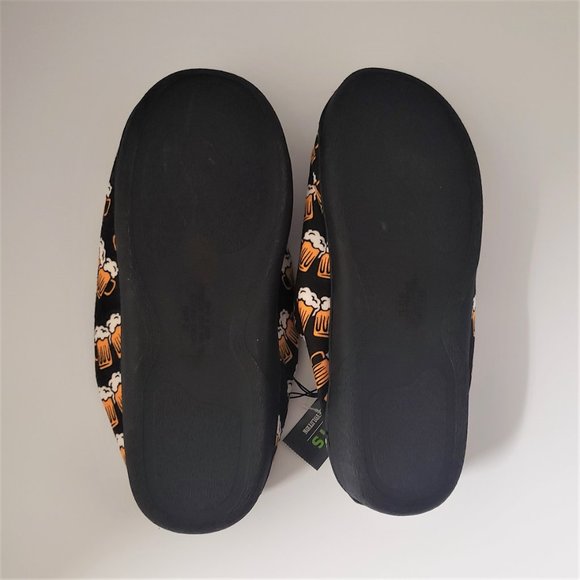 Mens Black Yellow Beer Mug Print Bedroom House Slippers Shoes Sz XL 13 NWT - Picture 2 of 2